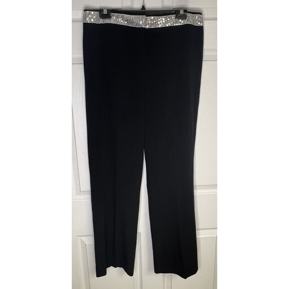 LARRY LEVINE Pants Size 14 Black Silver Sequin Waistband Wide Leg Soft Slacks - Picture 1 of 6